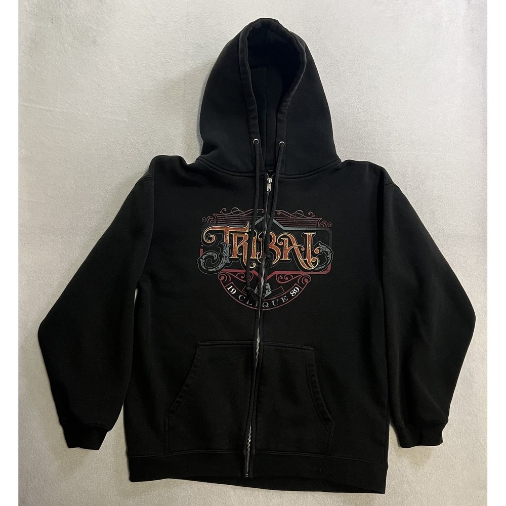 Vintage Tribal Gear Hoodie Men's Medium Black Full Zip Sweatshirt FADED Y2k